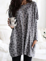 Grey Casual Graphic Tops Round Neck Long Sleeve Leopard Printed Sweatshirts