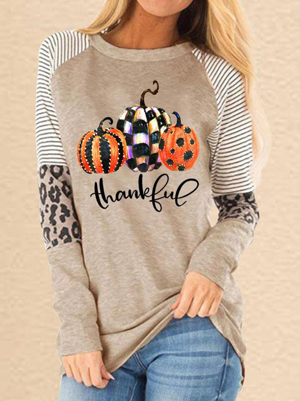 Light Khaki Casual Graphic Tops Round Neck Long Sleeve Pumpkin Printed Halloween Sweatshirt