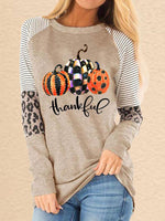 Light Khaki Casual Graphic Tops Round Neck Long Sleeve Pumpkin Printed Halloween Sweatshirt