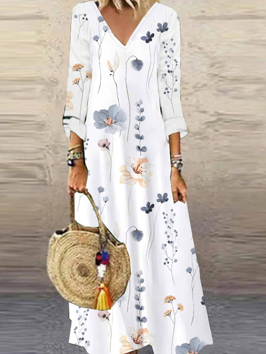 Women’s Loose-Fit Floral Print V-Neck Long Sleeve Maxi Dress