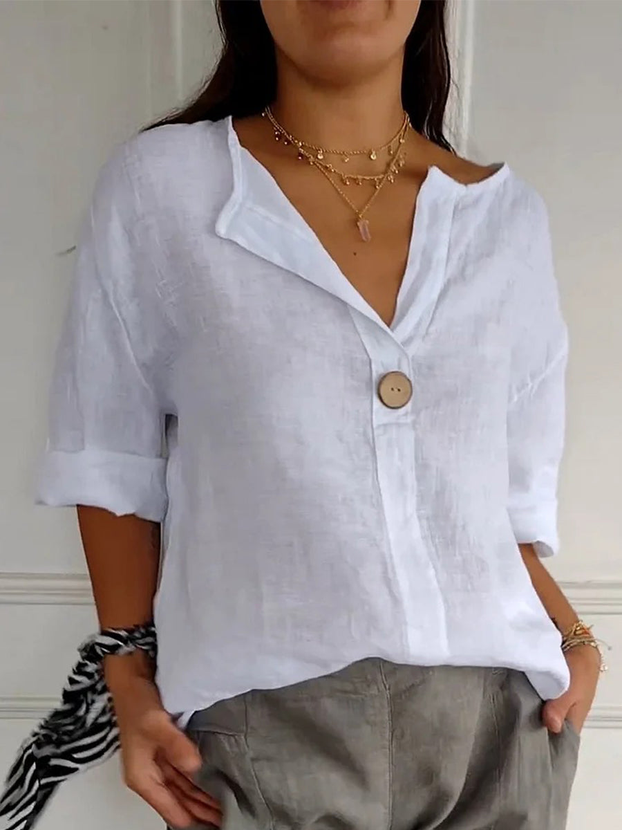Solid Buttoned V-Neck Short Sleeve Top