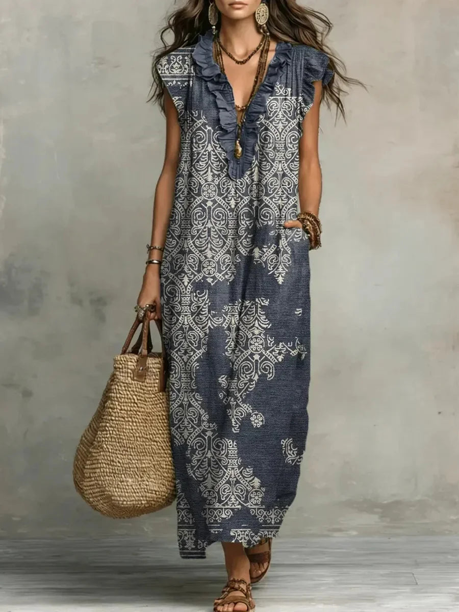 Women's Retro Pattern Art Print Casual V-neck Sleeveless Dress