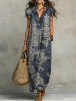 Women's Retro Pattern Art Print Casual V-neck Sleeveless Dress