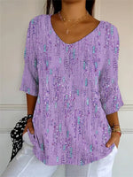Women's Artistic Design Printed Casual V-Neck 3/4 Sleeve T-Shirt