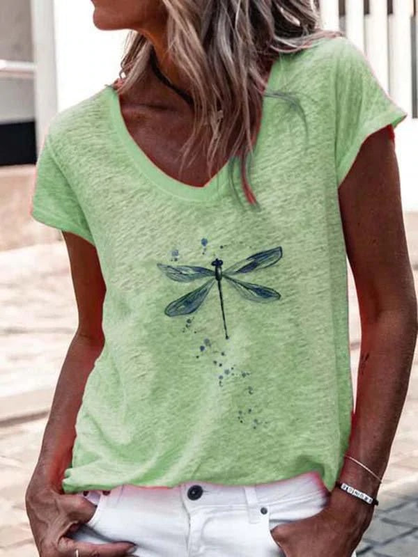 Casual Short Sleeve Dragonfly Print Green Blouse