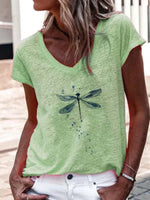 Casual Short Sleeve Dragonfly Print Green Blouse