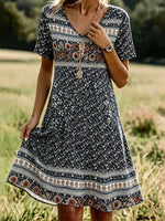 Bohemian Floral Border Print V-neck Short Sleeve A-Line Dress