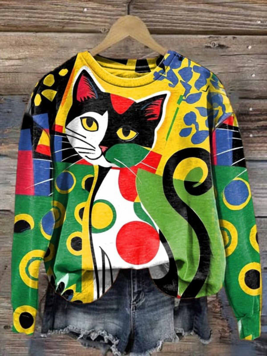 Green Stylish Art Cat Print Sweatshirt