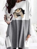 Gray Casual Graphic Tops Round Neck Long Sleeve Cat Printed with Pockets Sweatshirt