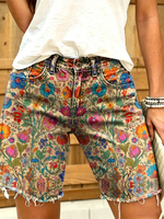 Women Ethnic Floral Art Print Casual Denim Shorts