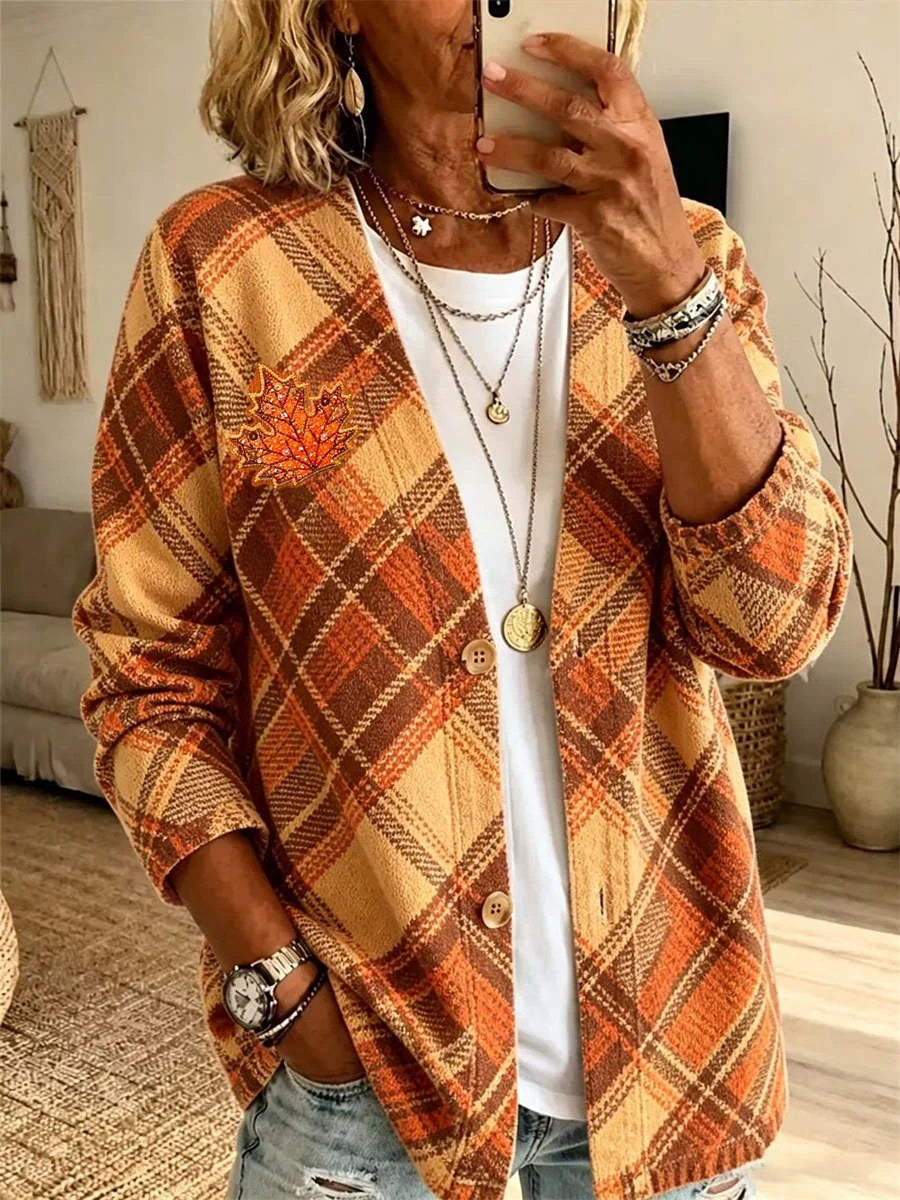 Women Outerwear Casual Printing Plaid Long Sleeve Cardigan
