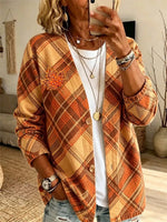 Women Outerwear Casual Printing Plaid Long Sleeve Cardigan