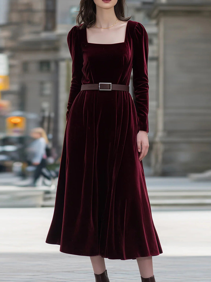 Elegant Square Neck Long Sleeve Plain Midi Dress