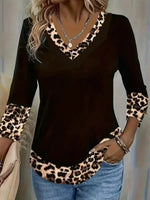 Casual Leopard Print V-neck Long Sleeve T-Shirt