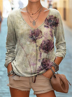 Floral Print V Neck Long Sleeve T-shirt