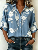 Oversized Floral Print 3/4 Sleeve Button-Down Shirt