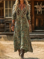 Casual Vintage V-neck Long Sleeve Dress