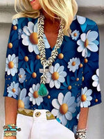 Chic Blue Floral Print 3/4 Sleeve Top