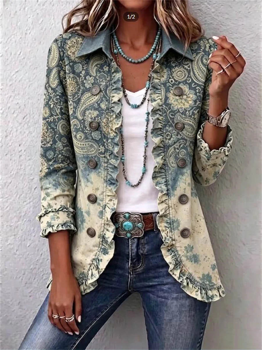 Boho-style Vintage Paisley Print Ruffled Long Sleeve Jacket