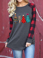 Black Gray Casual Graphic Tops Round Neck Long Sleeve Christmas Tree Printed Sweatershirt