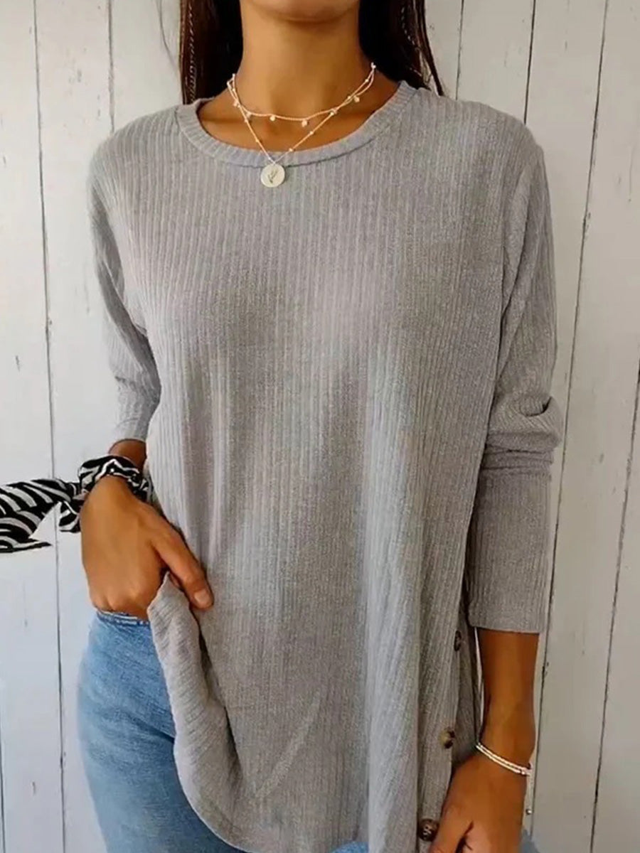 Comfortable Round Neck Long Sleeve Button-down Top