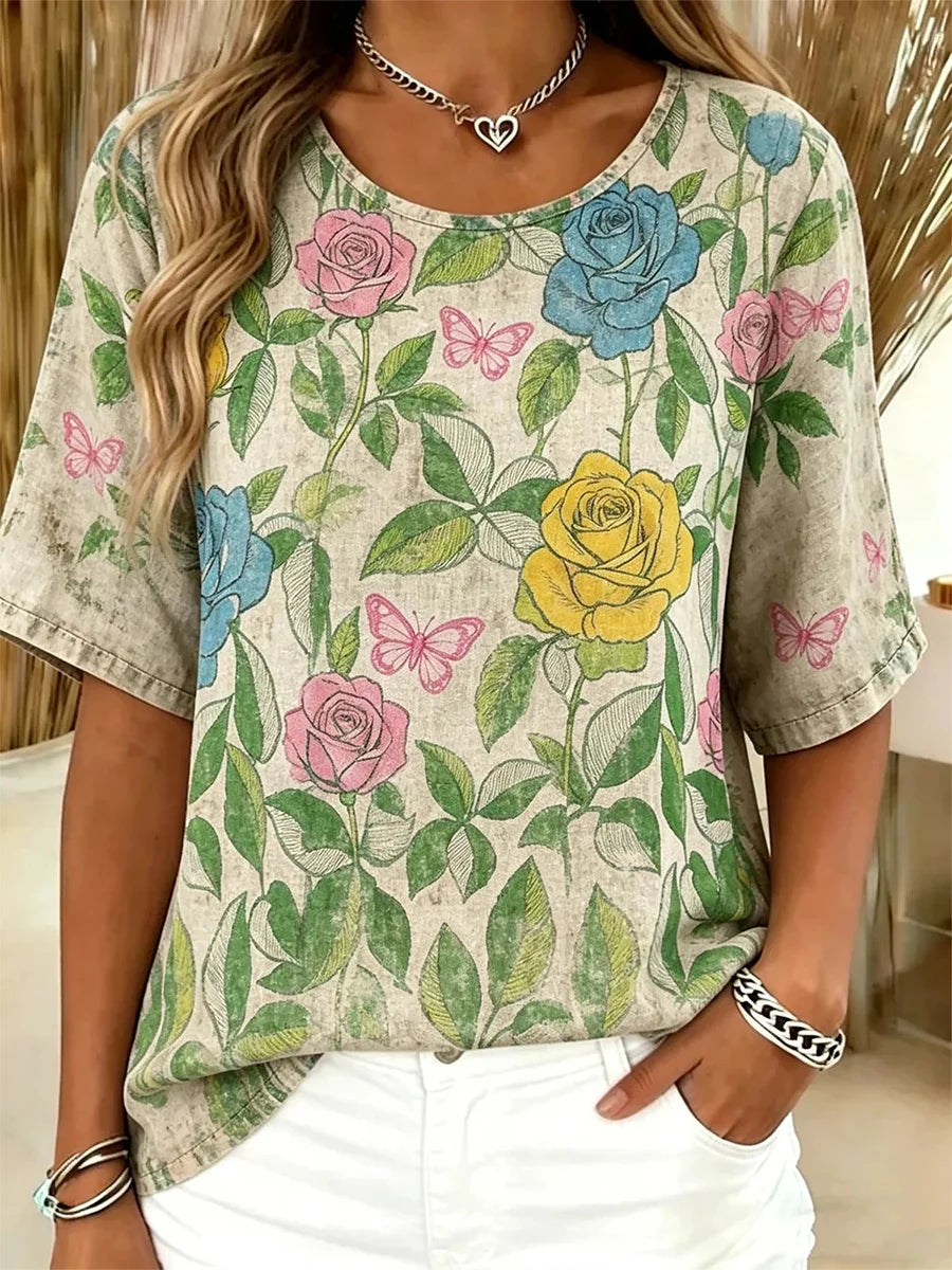 Vintage Floral Crew Neck Short Sleeve T-shirt
