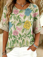 Vintage Floral Crew Neck Short Sleeve T-shirt