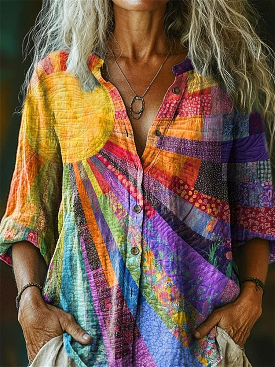 Sunlight Pattern Stand Collar Long Sleeve Casual Shirt