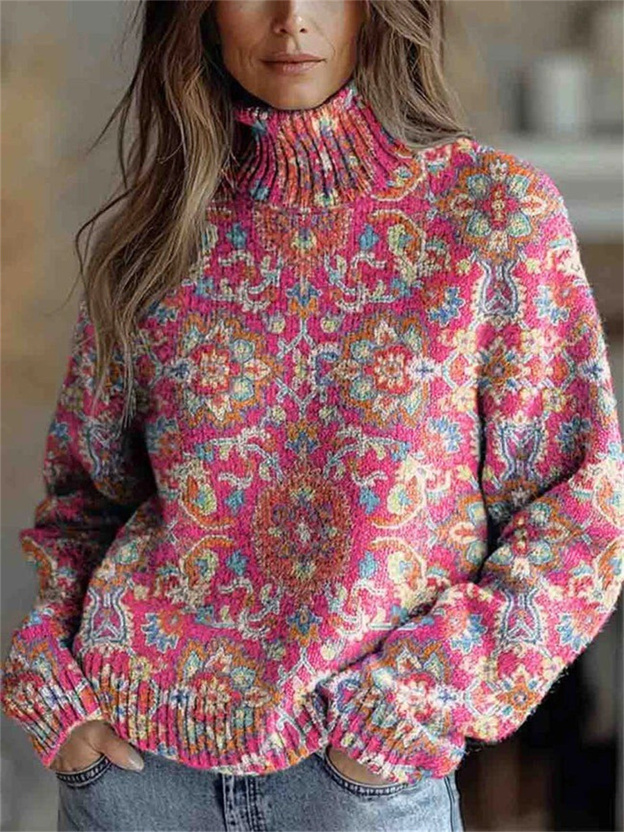 Vintage Ethnic Floral Print Round Neck Long Sleeve Comfy Pullover Sweater