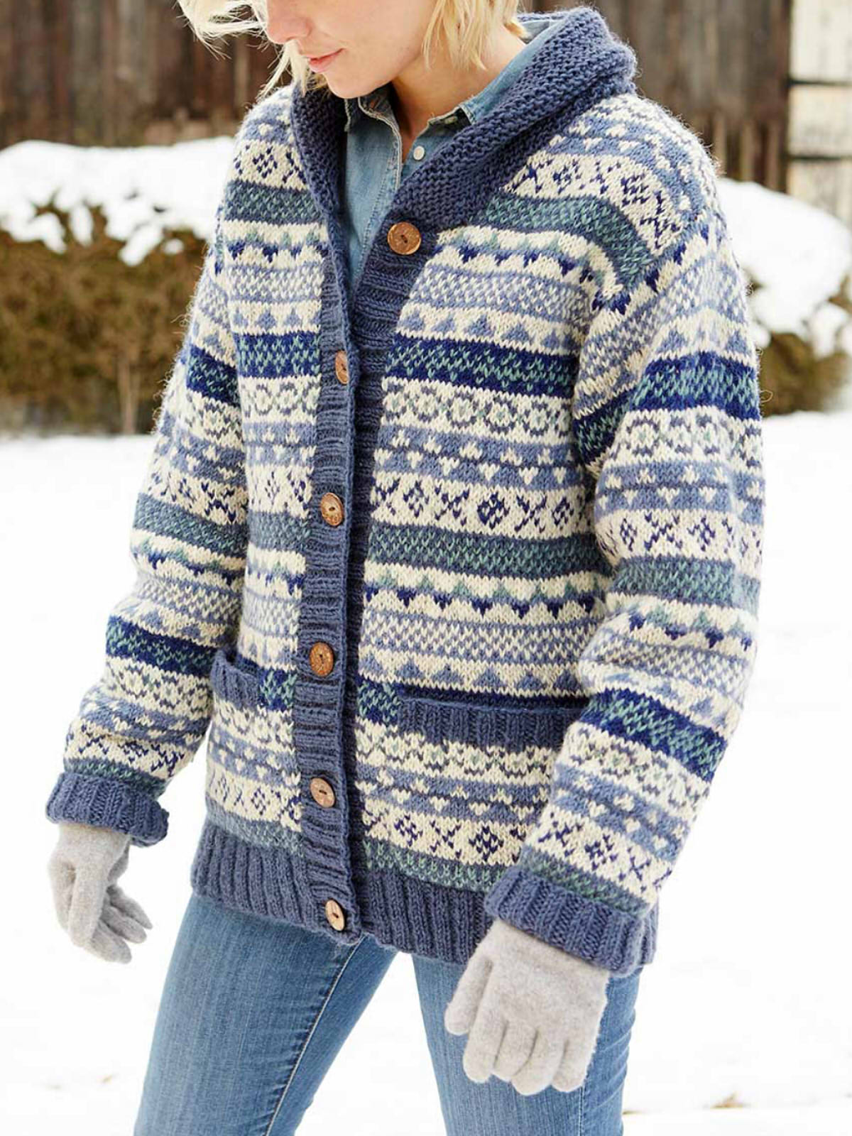 Women's Hand Knitted Shawl Collar Fair Isle Cardigan