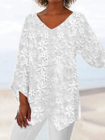 Elegant White Floral Lace V Neck Long Sleeve Blouse