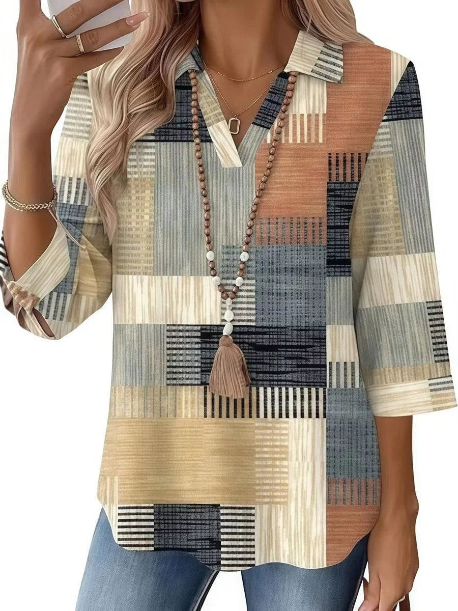 Earthy Patchwork Grid Plaid Collar Roll Cuff 3/4 Sleeve Blouse