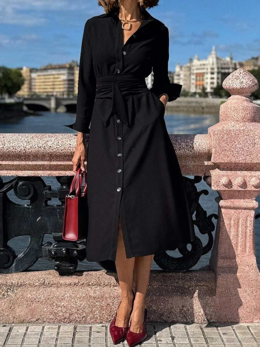 Elegant Black Plain Collared Midi Dress