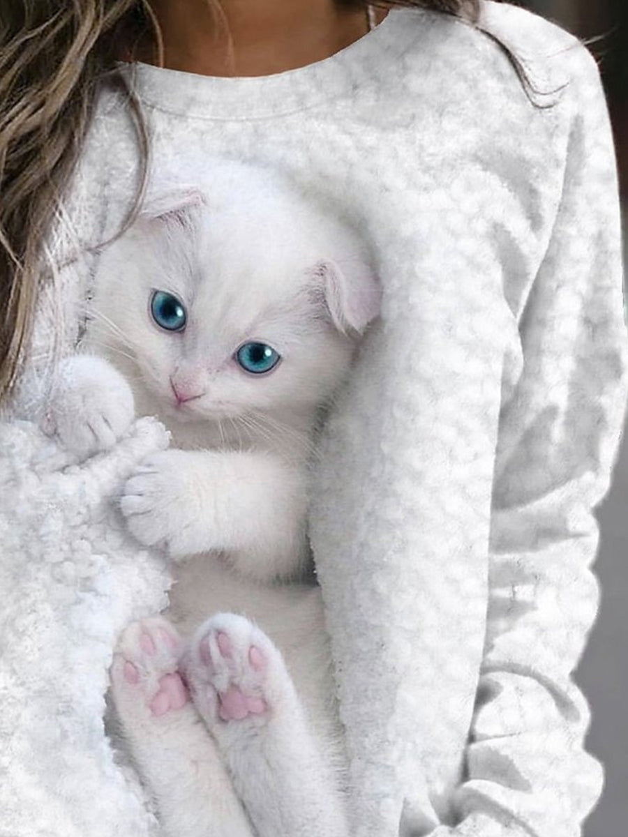 Crew Neck Cat Print Casual Sweatshirt