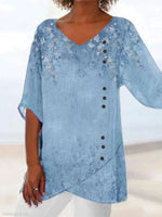 Blue Casual V Neck Floral Printed Half Sleeve Blouse