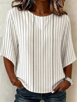 White Stripe Round Neck Dolman 3/4 Sleeve Top