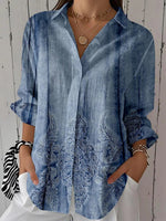 Women 3/4 Sleeve Lapel Floral Printed Blue Blouse