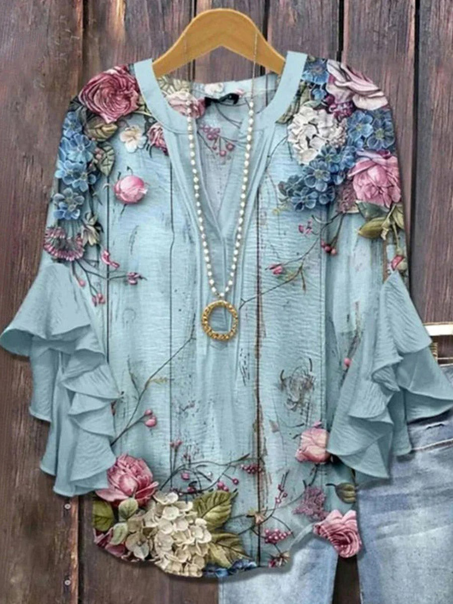 Vintage Floral Print V-neck Half Sleeve Blouse