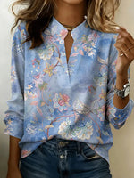Vintage Floral Print V-neck Long Sleeve Blouse