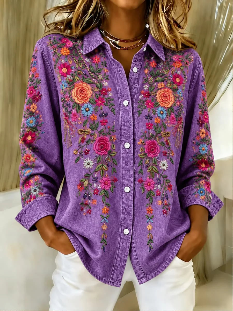Vintage Shirt Collar Long Sleeve Floral Printing Top