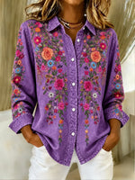 Vintage Shirt Collar Long Sleeve Floral Printing Top