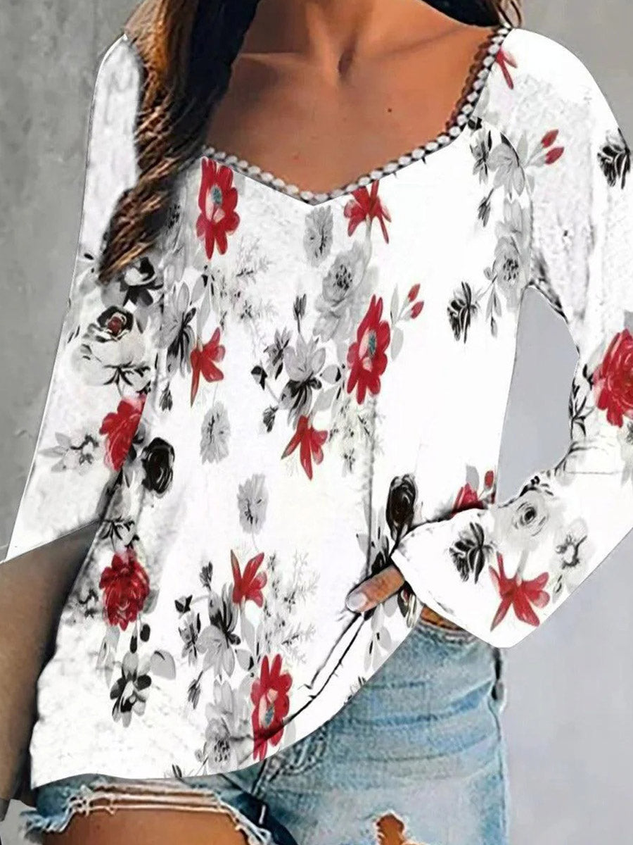 Sweet Floral Print Square Neck Long Sleeve Top