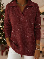 Christmas Party Polo Collar Long Sleeve Shiny Loose Sweater