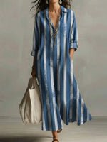 Trendy Blue Striped Long Sleeve Maxi Shirt Dress