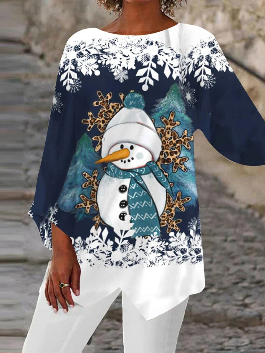 Asymmetrical 3/4 Sleeve Scoop Neck Snowman Printed Lace Christmas Tops