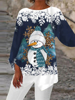 Asymmetrical 3/4 Sleeve Scoop Neck Snowman Printed Lace Christmas Tops