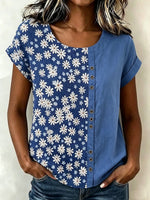 Crew Neck Short Sleeve Floral Regular Loose Blouse