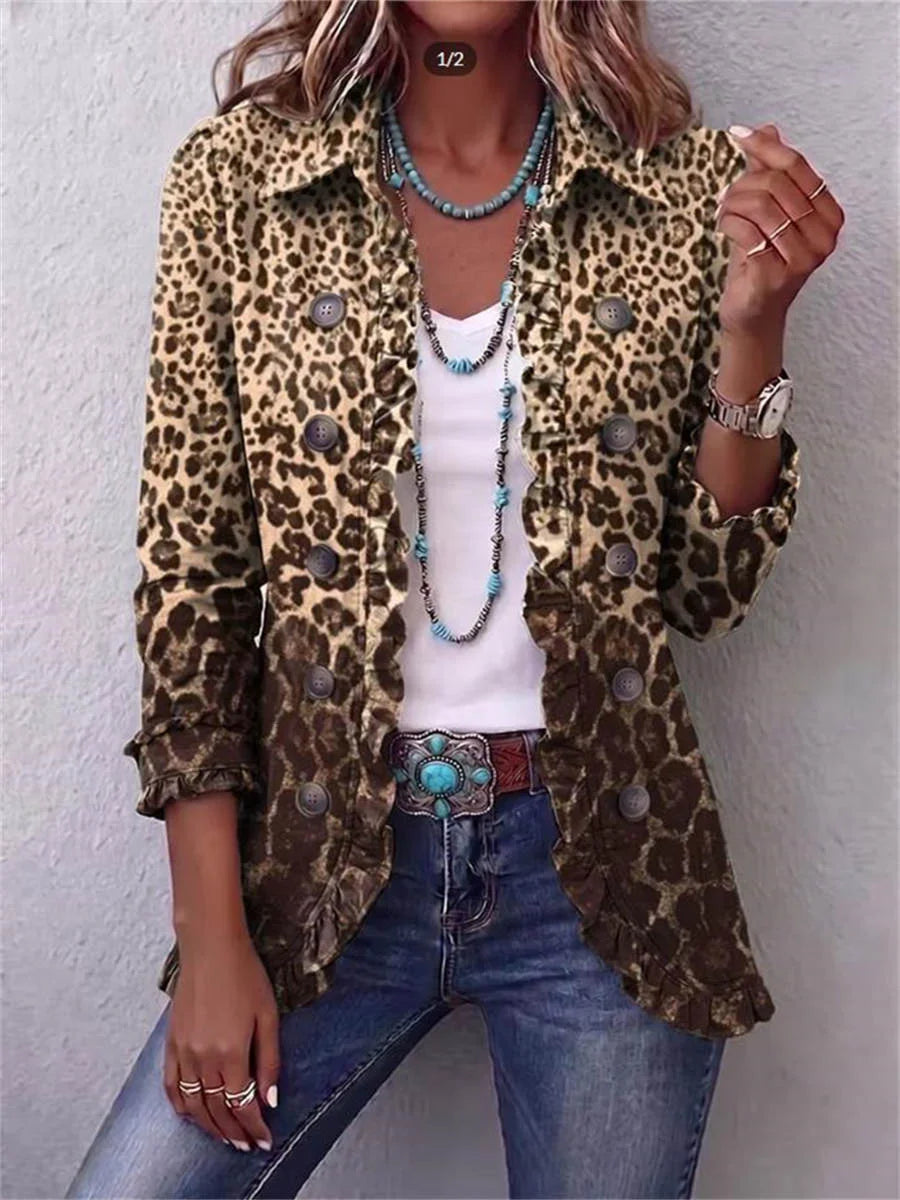 Leopard Print Ruffled Long Sleeve Jacket