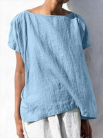 Blue Casual Round Neck Solid Short Sleeve Blouse