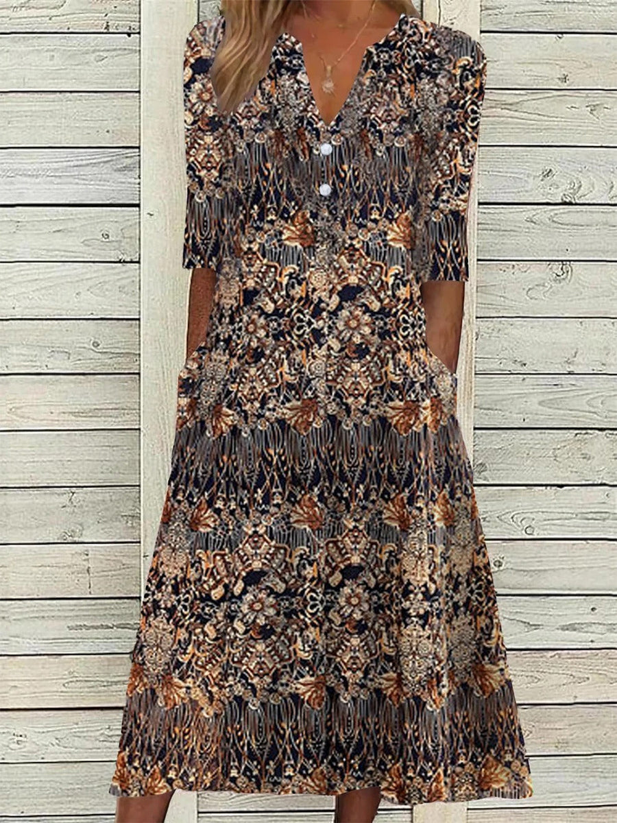 Women’s Half Sleeve Vintage Floral Print Button-Front Midi Dress with Pockets